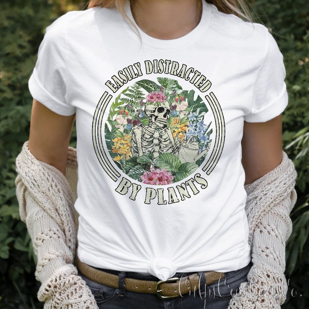 Easily distracted by plants skeleton floral plant lovers womens graphic tee